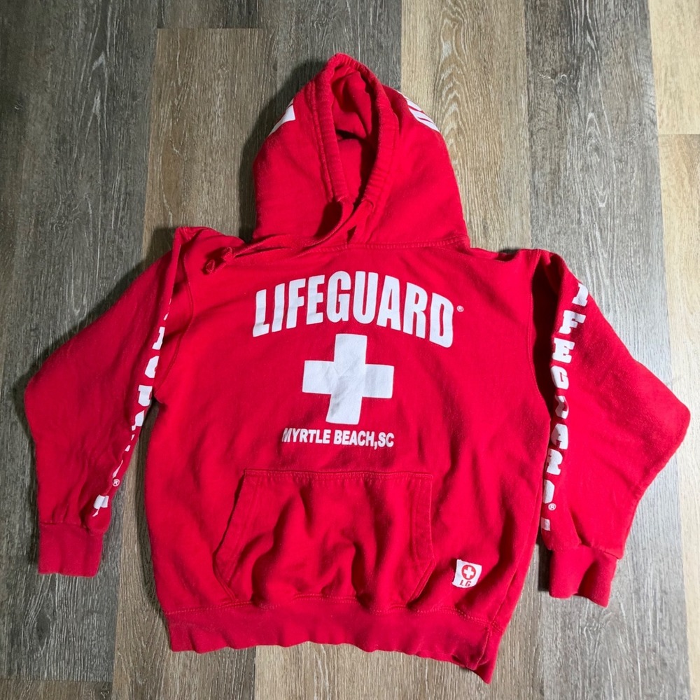 Lifeguard Hoodie teen Small Red Myrtle Beach SC Graphic Pullover Sleeve Print